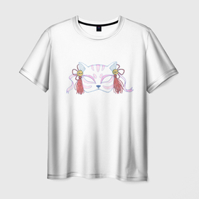 Мужская футболка 3D с принтом Маска бакэнэко в Белгороде, 100% полиэфир | прямой крой, круглый вырез горловины, длина до линии бедер | Тематика изображения на принте: бакэнеко | кошка | маска | минимализм | мифология | простота | розовый | япония