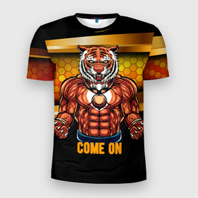 Мужская футболка 3D спортивная с принтом Накаченный тигр в Курске, 100% полиэстер с улучшенными характеристиками | приталенный силуэт, круглая горловина, широкие плечи, сужается к линии бедра | 2022 | год тигра | новый год | новый год 2022 | символ года | тигр | тигренок | тигрица | тигры