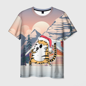 Мужская футболка 3D с принтом Тигр поет песни в караоке в Тюмени, 100% полиэфир | прямой крой, круглый вырез горловины, длина до линии бедер | 2022 | год тигра | новый год | новый год 2022 | символ года | тигр | тигренок | тигрица | тигры