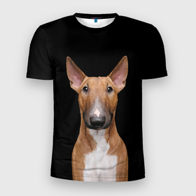 Мужская футболка 3D Slim с принтом Строгий смелый взгляд в Курске, 100% полиэстер с улучшенными характеристиками | приталенный силуэт, круглая горловина, широкие плечи, сужается к линии бедра | bull terrier | dog | ears | eyes | muzzle | view | бультерьер | взгляд | глаза | пёс | собака | уши