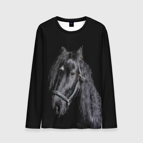 Мужской лонгслив 3D с принтом Лошадь на черном фоне в Санкт-Петербурге, 100% полиэстер | длинные рукава, круглый вырез горловины, полуприлегающий силуэт | восход | животные | закат | звери | кони | конь | коняшка | лошади | лошадка | лошадь | на восходе | на закате | пони | природа | солнце
