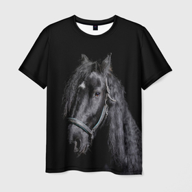 Мужская футболка 3D с принтом Лошадь на черном фоне в Петрозаводске, 100% полиэфир | прямой крой, круглый вырез горловины, длина до линии бедер | восход | животные | закат | звери | кони | конь | коняшка | лошади | лошадка | лошадь | на восходе | на закате | пони | природа | солнце