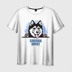 Мужская футболка 3D с принтом Сибирский Хаски (Siberian Husky) , 100% полиэфир | прямой крой, круглый вырез горловины, длина до линии бедер | ani | dog | husky | siberian husky | wolf | аляскинский маламут | волк | год собаки | друг человека | ездовая собака | животное | зверь | ищейка | кинолог | кость | лайка | пёс | сибирский хаски | сибирь | собака