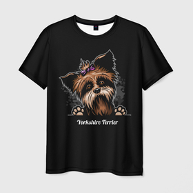 Мужская футболка 3D с принтом Собачка Йоркширский Терьер в Новосибирске, 100% полиэфир | прямой крой, круглый вырез горловины, длина до линии бедер | Тематика изображения на принте: york | yorkshire terrier | год | друг человека | животное | зверь | йорк | йоркширский терьер | карманная собака | кость | мальтезе | мальтийская болонка | манчестер терьер | мини собачка | пёс | скайтерьер