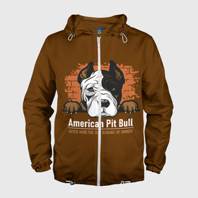Мужская ветровка 3D с принтом Американский Питбультерьер (Pit Bull Terrier) в Курске, 100% полиэстер | подол и капюшон оформлены резинкой с фиксаторами, два кармана без застежек по бокам, один потайной карман на груди | Тематика изображения на принте: american pit bull terrier | boxer | bulldog | fighting dog | pit bull | американский питбультерьер | бойцовская собака | бойцовский пес | боксер | бульдог | волкодав | друг человека | кинолог | пес | питбуль | питбультерьер