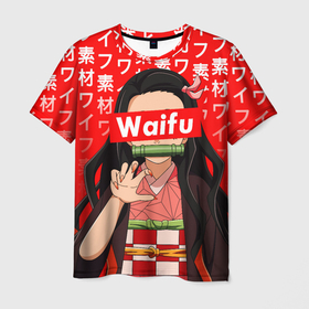 Мужская футболка 3D с принтом Waifu   Незуко Комадо , 100% полиэфир | прямой крой, круглый вырез горловины, длина до линии бедер | anime | anime girl | demon slayer | kimetsu no yaiba | nezuko | waifu | waifu material | аниме | вайфу | клинок уничтожающий демонов | линок рассекающий демонов | манга | недзуко | незуко комадо | нэдзуко