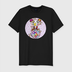 Мужская футболка хлопок Slim с принтом A Panda Family Against the Blue Sky в Курске, 92% хлопок, 8% лайкра | приталенный силуэт, круглый вырез ворота, длина до линии бедра, короткий рукав | Тематика изображения на принте: cute | murakami | panda | pop art | takashi murakami | милая панда | мураками | панда | ромашки | такаси мураками | такаши мураками | цветы