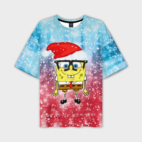 Мужская футболка OVERSIZE 3D с принтом Новогодний Спанч Боб в Екатеринбурге,  |  | sponge bob | spongebob | губка боб | квадратные штаны | мультфильм | новый год | рождество | санта | сквэр пэнтс | снег | снежинка | спанч боб