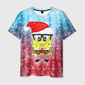 Мужская футболка 3D с принтом Новогодний Спанч Боб в Екатеринбурге, 100% полиэфир | прямой крой, круглый вырез горловины, длина до линии бедер | sponge bob | spongebob | губка боб | квадратные штаны | мультфильм | новый год | рождество | санта | сквэр пэнтс | снег | снежинка | спанч боб