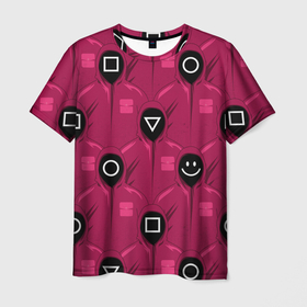 Мужская футболка 3D с принтом СОТРУДНИКИ ИГРЫ В КАЛЬМАРА (Squid Game) в Белгороде, 100% полиэфир | прямой крой, круглый вырез горловины, длина до линии бедер | circle | game | money | neon | netflix | over | paints | smile | square | squid | triangle | брызги | в | деньги | игра | кальмара | капли | квадрат | краски | круг | неон | окончена | пятна | смайл | смайлик | треугольник | улыбка