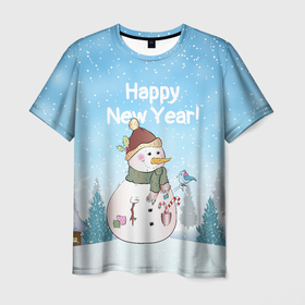 Мужская футболка 3D с принтом Снеговик во дворе , 100% полиэфир | прямой крой, круглый вырез горловины, длина до линии бедер | 2022 | год тигра | новый год | новый год 2022 | символ года | тигр | тигренок | тигрица | тигры