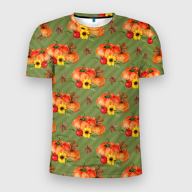 Мужская футболка 3D Slim с принтом Овощи: Тыквы паттерн , 100% полиэстер с улучшенными характеристиками | приталенный силуэт, круглая горловина, широкие плечи, сужается к линии бедра | грядка | овощи | огород | тыква | тыквы