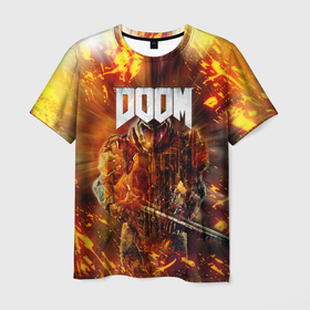Мужская футболка 3D с принтом DOOMGAY GRUNGE FIRE в Петрозаводске, 100% полиэфир | прямой крой, круглый вырез горловины, длина до линии бедер | doom | doom eternal | doom slayer | doomguy | slayer | дум | дум гай | думгай | солдат рока