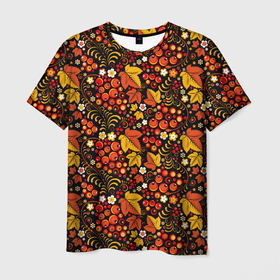 Мужская футболка 3D с принтом Хохлома. цветы ягодки , 100% полиэфир | прямой крой, круглый вырез горловины, длина до линии бедер | листья | паттерн | роспись | узоры | хохлома | цветы | ягоды