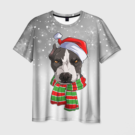 Мужская футболка 3D с принтом Новогодний Питбуль   New Years Pit bull в Екатеринбурге, 100% полиэфир | прямой крой, круглый вырез горловины, длина до линии бедер | Тематика изображения на принте: christmas | dog | pit bull | santa | дед мороз | зима | новый год | питбуль | рождество | санта | снег | снежинка | собака | собачка | щенок