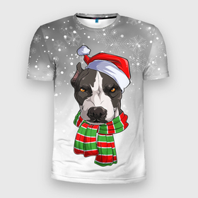 Мужская футболка 3D спортивная с принтом Новогодний Питбуль   New Years Pit bull в Новосибирске, 100% полиэстер с улучшенными характеристиками | приталенный силуэт, круглая горловина, широкие плечи, сужается к линии бедра | christmas | dog | pit bull | santa | дед мороз | зима | новый год | питбуль | рождество | санта | снег | снежинка | собака | собачка | щенок