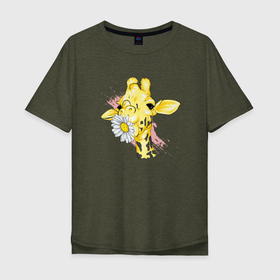 Мужская футболка хлопок Oversize с принтом Жирафа с цветком , 100% хлопок | свободный крой, круглый ворот, “спинка” длиннее передней части | африка | длинная шея | животное | жираф | цветы
