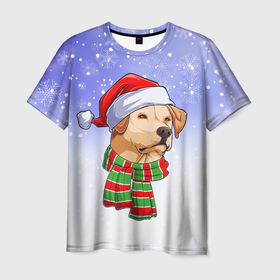 Мужская футболка 3D с принтом Новогодний Лабрадор   New Years Labrador , 100% полиэфир | прямой крой, круглый вырез горловины, длина до линии бедер | christmas | dog | labrador | retriever | santa | дед мороз | зима | лабрадор | новый год | ретривер | рождество | санта | снег | снежинка | собака | собачка | щенок
