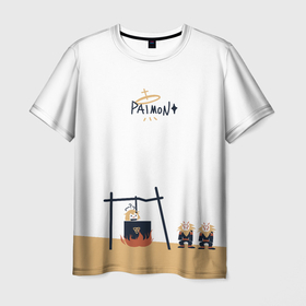 Мужская футболка 3D с принтом ПАЙМОН И ХИЛИЧУРЛЫ в Белгороде, 100% полиэфир | прямой крой, круглый вырез горловины, длина до линии бедер | anime | game | lumin | paimon | аниме | геншин | игра | импакт | итэр | люмин | молитва | паймон | путешественник | тейват | хиличурл