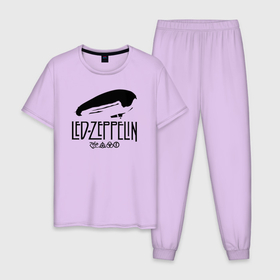 Мужская пижама хлопок с принтом Дирижабль Led Zeppelin с лого участников в Екатеринбурге, 100% хлопок | брюки и футболка прямого кроя, без карманов, на брюках мягкая резинка на поясе и по низу штанин
 | Тематика изображения на принте: led | led zep | led zeppelin | ledzep | lz | zoso | джимми пейдж | джон генри бонэм | джон пол джонс | зосо | лед зепелен | лед зеппелин | ледзепелен | ледзеппелин | роберт плант | рок группа