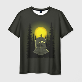 Мужская футболка 3D с принтом Шокированный пришелец в лесу в Петрозаводске, 100% полиэфир | прямой крой, круглый вырез горловины, длина до линии бедер | лес | летающая тарелка | нло | ночь | пришелец | фантастика