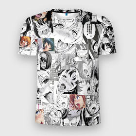 Мужская футболка 3D Slim с принтом AHEGAO фон из девочек в Санкт-Петербурге, 100% полиэстер с улучшенными характеристиками | приталенный силуэт, круглая горловина, широкие плечи, сужается к линии бедра | ahegao | ahego | anime | funny | vtuber | аниме | ахегао
