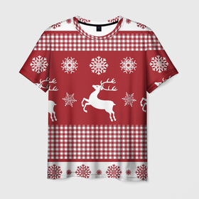 Мужская футболка 3D с принтом Узор с оленями в Новосибирске, 100% полиэфир | прямой крой, круглый вырез горловины, длина до линии бедер | background | christmas | deer | holiday | new year | pattern | snowflakes | новый год | олени | праздник | рождество | снежинки | узор | фон
