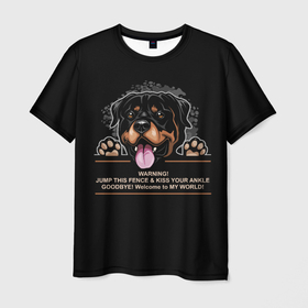 Мужская футболка 3D с принтом Собака Ротвейлер в Екатеринбурге, 100% полиэфир | прямой крой, круглый вырез горловины, длина до линии бедер | animal | dog | fighting dog | rottweiler | бойцовская собака | год собаки | друг человека | животное | зверь | кинолог | пёс | порода собак | ротвейлер | собака ротвейлер | собаковод | хищник | четвероногий
