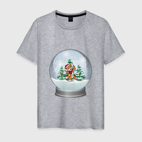 Мужская футболка хлопок с принтом Снежный шар с тигром , 100% хлопок | прямой крой, круглый вырез горловины, длина до линии бедер, слегка спущенное плечо. | зима | новый год | подарок | рождество | сказка | снег | снежный шар | тигр | холод | шар