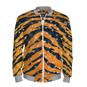 Мужской бомбер 3D с принтом Новогодняя шкура тигра в Новосибирске, 100% полиэстер | застегивается на молнию, по бокам два кармана без застежек, по низу бомбера и на воротнике - эластичная резинка | 2022 | новый год | оранжевый | полосатый | полоски | полосы | снег | снежинки | тгриный | тигр