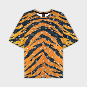 Мужская футболка OVERSIZE 3D с принтом Новогодняя шкура тигра в Санкт-Петербурге,  |  | 2022 | новый год | оранжевый | полосатый | полоски | полосы | снег | снежинки | тгриный | тигр