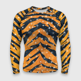 Мужской рашгард 3D с принтом Новогодняя шкура тигра в Тюмени,  |  | 2022 | новый год | оранжевый | полосатый | полоски | полосы | снег | снежинки | тгриный | тигр