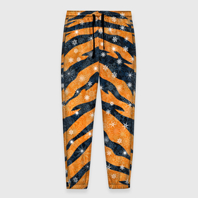 Мужские брюки 3D с принтом Новогодняя шкура тигра , 100% полиэстер | манжеты по низу, эластичный пояс регулируется шнурком, по бокам два кармана без застежек, внутренняя часть кармана из мелкой сетки | 2022 | новый год | оранжевый | полосатый | полоски | полосы | снег | снежинки | тгриный | тигр