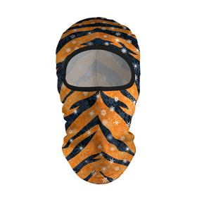 Балаклава 3D с принтом Новогодняя шкура тигра в Новосибирске, 100% полиэстер, ткань с особыми свойствами — Activecool | плотность 150–180 г/м2; хорошо тянется, но при этом сохраняет форму. Закрывает шею, вокруг отверстия для глаз кайма. Единый размер | Тематика изображения на принте: 2022 | новый год | оранжевый | полосатый | полоски | полосы | снег | снежинки | тгриный | тигр