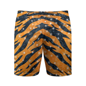 Мужские шорты спортивные с принтом Новогодняя шкура тигра в Екатеринбурге,  |  | 2022 | новый год | оранжевый | полосатый | полоски | полосы | снег | снежинки | тгриный | тигр