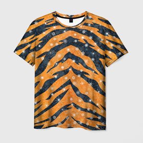 Мужская футболка 3D с принтом Новогодняя шкура тигра в Кировске, 100% полиэфир | прямой крой, круглый вырез горловины, длина до линии бедер | Тематика изображения на принте: 2022 | новый год | оранжевый | полосатый | полоски | полосы | снег | снежинки | тгриный | тигр