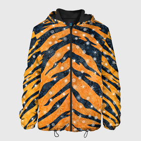 Мужская куртка 3D с принтом Новогодняя шкура тигра в Екатеринбурге, ткань верха — 100% полиэстер, подклад — флис | прямой крой, подол и капюшон оформлены резинкой с фиксаторами, два кармана без застежек по бокам, один большой потайной карман на груди. Карман на груди застегивается на липучку | Тематика изображения на принте: 2022 | новый год | оранжевый | полосатый | полоски | полосы | снег | снежинки | тгриный | тигр
