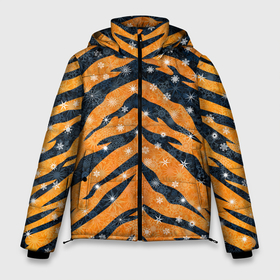 Мужская зимняя куртка 3D с принтом Новогодняя шкура тигра в Белгороде, верх — 100% полиэстер; подкладка — 100% полиэстер; утеплитель — 100% полиэстер | длина ниже бедра, свободный силуэт Оверсайз. Есть воротник-стойка, отстегивающийся капюшон и ветрозащитная планка. 

Боковые карманы с листочкой на кнопках и внутренний карман на молнии. | 2022 | новый год | оранжевый | полосатый | полоски | полосы | снег | снежинки | тгриный | тигр