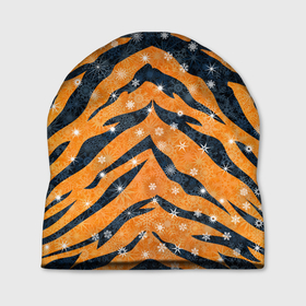 Шапка 3D с принтом Новогодняя шкура тигра в Екатеринбурге, 100% полиэстер | универсальный размер, печать по всей поверхности изделия | Тематика изображения на принте: 2022 | новый год | оранжевый | полосатый | полоски | полосы | снег | снежинки | тгриный | тигр