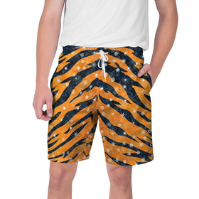 Мужские шорты 3D с принтом Новогодняя шкура тигра ,  полиэстер 100% | прямой крой, два кармана без застежек по бокам. Мягкая трикотажная резинка на поясе, внутри которой широкие завязки. Длина чуть выше колен | 2022 | новый год | оранжевый | полосатый | полоски | полосы | снег | снежинки | тгриный | тигр