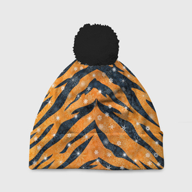 Шапка 3D c помпоном с принтом Новогодняя шкура тигра в Тюмени, 100% полиэстер | универсальный размер, печать по всей поверхности изделия | 2022 | новый год | оранжевый | полосатый | полоски | полосы | снег | снежинки | тгриный | тигр