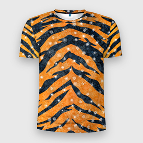 Мужская футболка 3D спортивная с принтом Новогодняя шкура тигра в Курске, 100% полиэстер с улучшенными характеристиками | приталенный силуэт, круглая горловина, широкие плечи, сужается к линии бедра | 2022 | новый год | оранжевый | полосатый | полоски | полосы | снег | снежинки | тгриный | тигр