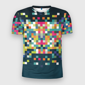 Мужская футболка 3D Slim с принтом Пикселизация в Новосибирске, 100% полиэстер с улучшенными характеристиками | приталенный силуэт, круглая горловина, широкие плечи, сужается к линии бедра | Тематика изображения на принте: pixel | квадраты | пикселы | текстура | точки | элиз