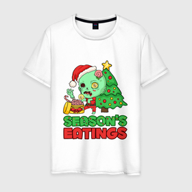 Мужская футболка хлопок с принтом Christmas Zombie в Новосибирске, 100% хлопок | прямой крой, круглый вырез горловины, длина до линии бедер, слегка спущенное плечо. | Тематика изображения на принте: art | brains | christmas | gift | holiday | new year | tree | zombie | арт | елка | зомби | мозги | новый год | подарок | праздник | рождество