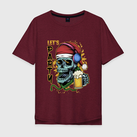 Мужская футболка хлопок Oversize с принтом Skull Santa в Курске, 100% хлопок | свободный крой, круглый ворот, “спинка” длиннее передней части | art | beer | christmas | headphones | new year | santa | skull | арт | наушники | новый год | рождество | санта | череп