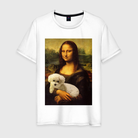 Мужская футболка хлопок с принтом Моно Лиза с собакой в Санкт-Петербурге, 100% хлопок | прямой крой, круглый вырез горловины, длина до линии бедер, слегка спущенное плечо. | Тематика изображения на принте: животные | картина | моно лиза | моно лиза с собакой | собака