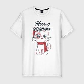 Мужская футболка хлопок Slim с принтом Christmas Cat в Екатеринбурге, 92% хлопок, 8% лайкра | приталенный силуэт, круглый вырез ворота, длина до линии бедра, короткий рукав | art | cat | christmas | holiday | new year | арт | кот | котик | кошка | новый год | праздник | рождество