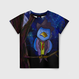 Детская футболка 3D с принтом Синич в Белгороде, 100% гипоаллергенный полиэфир | прямой крой, круглый вырез горловины, длина до линии бедер, чуть спущенное плечо, ткань немного тянется | животные | лес | луна | мульт | ночь | персонаж | птици | синичка | сон