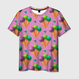 Мужская футболка 3D с принтом Мороженое шарики в Курске, 100% полиэфир | прямой крой, круглый вырез горловины, длина до линии бедер | десерт | мороженое | радость | сладость | шоколад