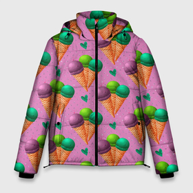 Мужская зимняя куртка 3D с принтом Мороженое шарики в Новосибирске, верх — 100% полиэстер; подкладка — 100% полиэстер; утеплитель — 100% полиэстер | длина ниже бедра, свободный силуэт Оверсайз. Есть воротник-стойка, отстегивающийся капюшон и ветрозащитная планка. 

Боковые карманы с листочкой на кнопках и внутренний карман на молнии. | Тематика изображения на принте: десерт | мороженое | радость | сладость | шоколад